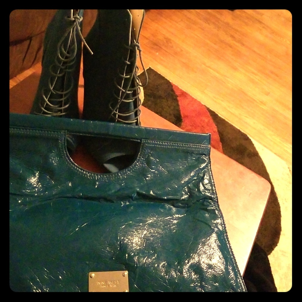 Teal heels and teal clutch bag (purse)